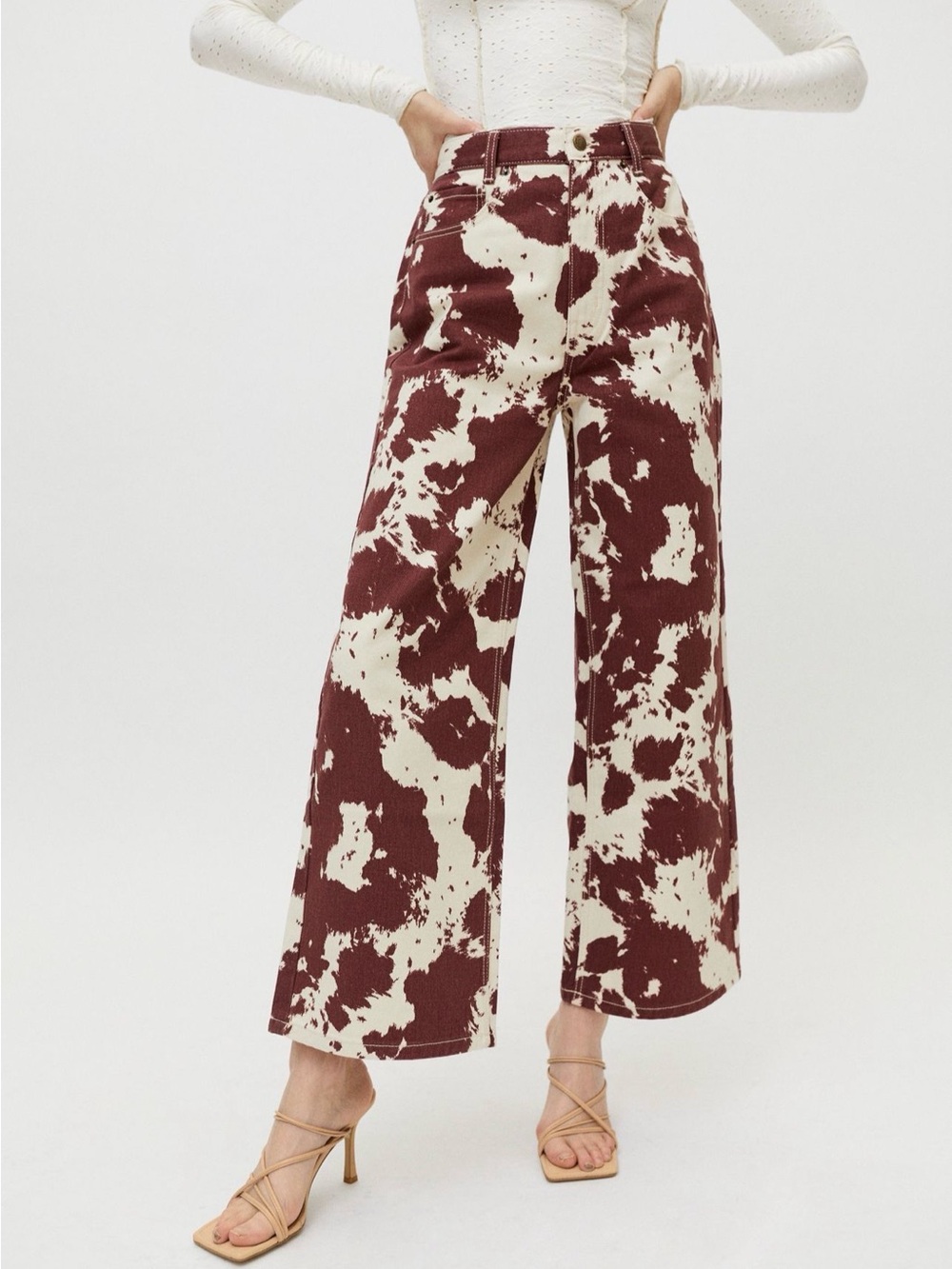 BDG Wide Leg Cowprint Pants in Maroon and Cream